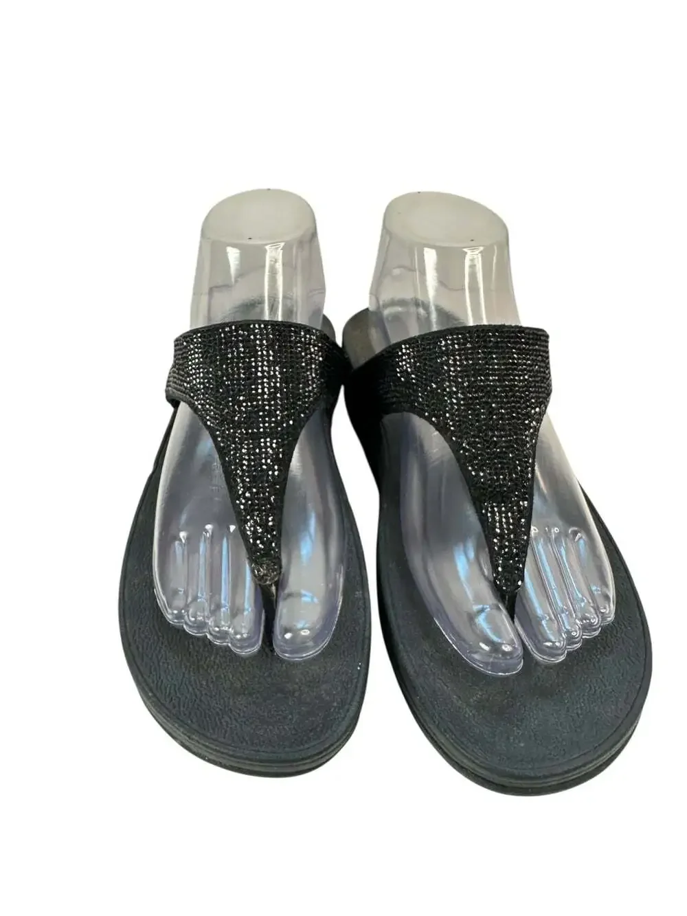 FitFlop Electra Micro Crystal Black Toe Post Wedge Comfort Sandals Womens 8